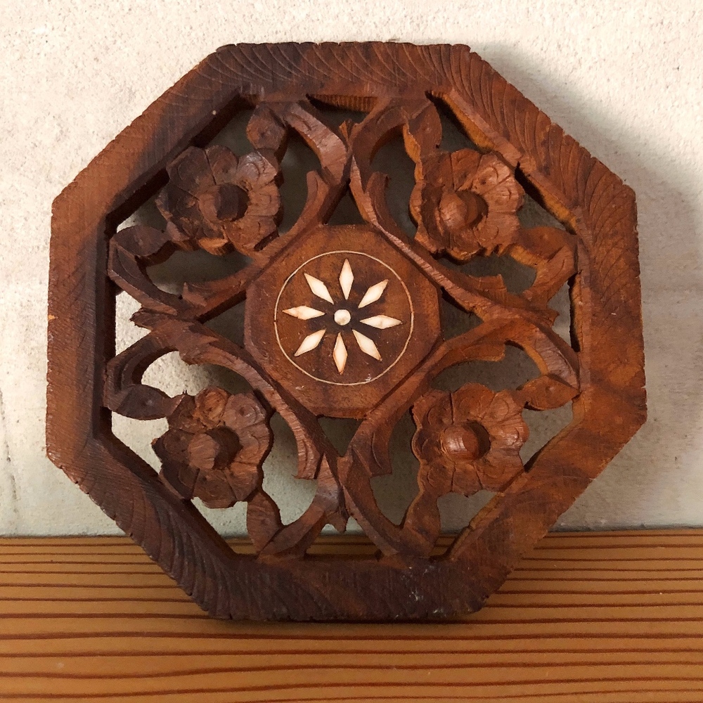 Vintage Hand-Carved Wooden Trivet w/ Flower Detail